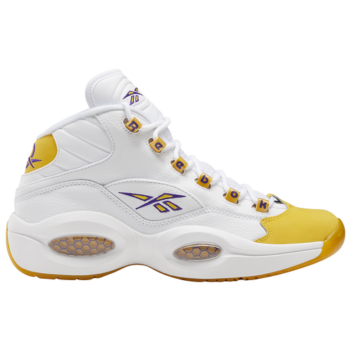 Shop Reebok Mens  Question Mid "yellow Toe" In White/yellow Light Heather/ultraviolet