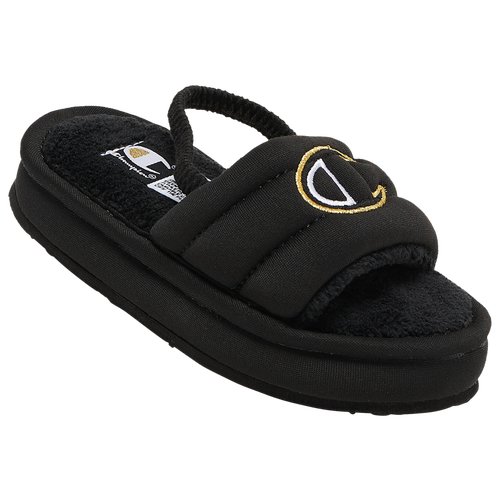 

Girls Champion Champion Plush Slides - Girls' Toddler Shoe Black/White/Gold Size 04.0