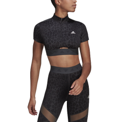 Women's - adidas AOP Leopard Crop Zip T-Shirt - Black