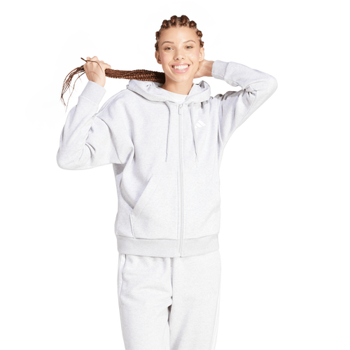 WOMENS - adidas Essentials 3-Stripes Full-Zip Fleece Hoodie - Light Grey Heather/White