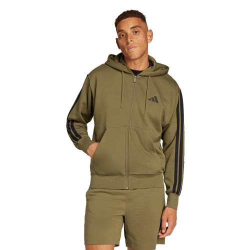 MENS - adidas Essentials 3-Stripes Fleece Hoodie - Olive Strata/Black