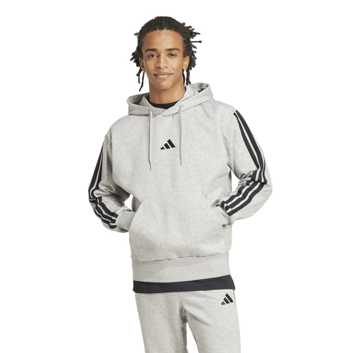 MENS - adidas Essentials 3-Stripes Fleece Hoodie - Medium Grey Heather/Black