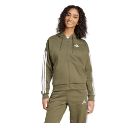 Women's - adidas Essentials 3-Stripes Full-Zip Fleece Hoodie - Olive Strata/White