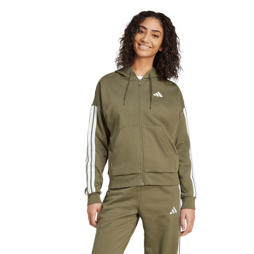 adidas Essentials 3-Stripes Full-Zip Fleece Hoodie - adidas Olive Strata/White