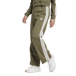 Women's - adidas Essentials 3-Stripes Open Hem Fleece Pants - Olive Strata/White