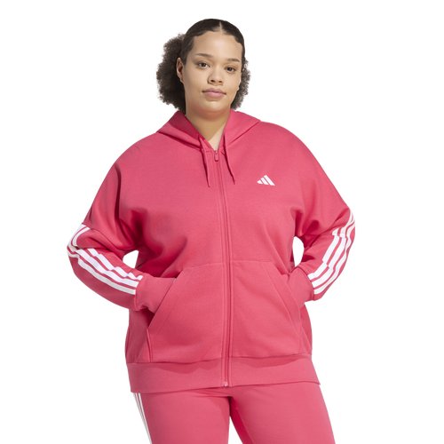 WOMENS - adidas Essentials 3-Stripe FZ Fleece Hoodie (Plus Size) - Power Pink