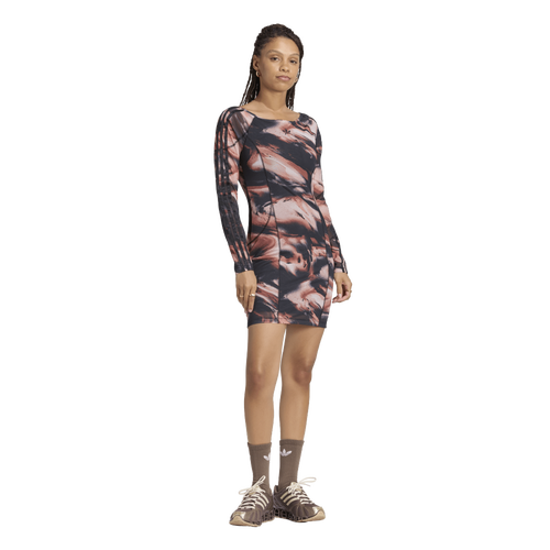  - adidas Originals All Over Print Long Sleeve Mini Dress - Vermillion/Crystal Linen Aurora Coffee