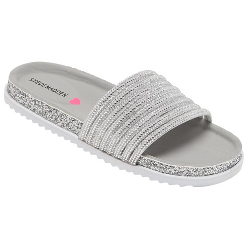

Girls Steve Madden Steve Madden Billion Slides - Girls' Grade School Shoe Silver/Gray Size 05.0