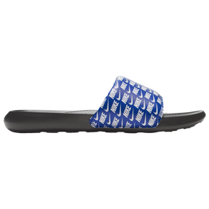 blue nike slides with gold check