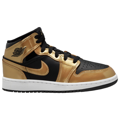 

Boys Jordan Jordan AJ 1 Mid - Boys' Grade School Shoe Black/White/Gold Size 06.5