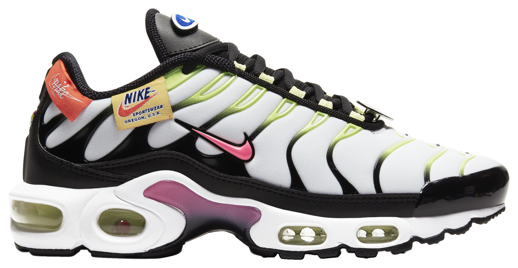 white pink and lime green air max plus