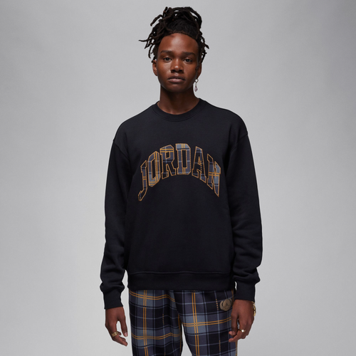 

Jordan Mens Jordan Essential Holiday Plaid Fleece Crew - Mens Black/Gold Size S