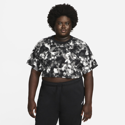 Nike Women's  Sportswear Short-sleeve Printed Crop Top (plus Size) In Black/black/sail