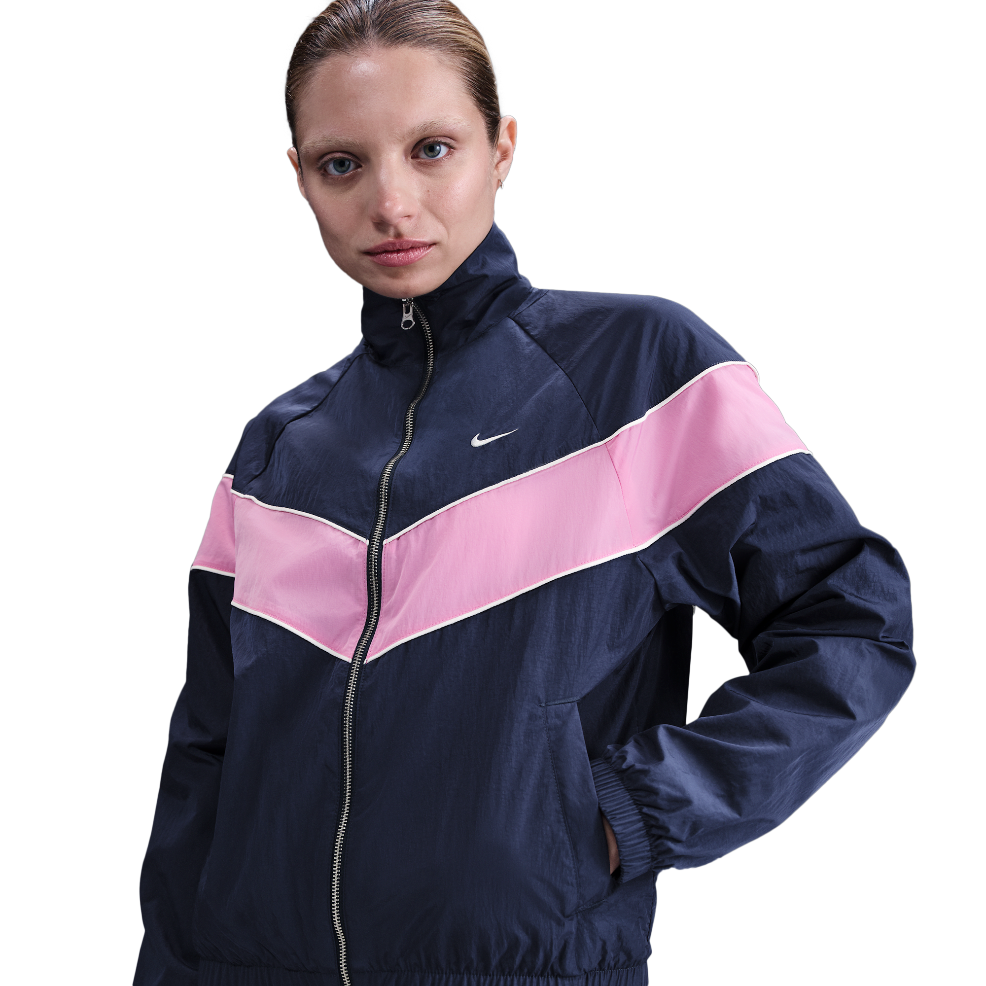 Nike ジップアップ ウィンドブレーカー ネイビー/ピンク Nike Windrunner woven track jacket in navy and pink | ASOS