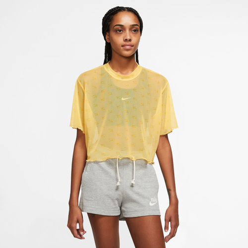 

Nike Womens Nike NSW Air AOP Mesh Short Sleeve Crop Top - Womens Topaz Gold Size XS