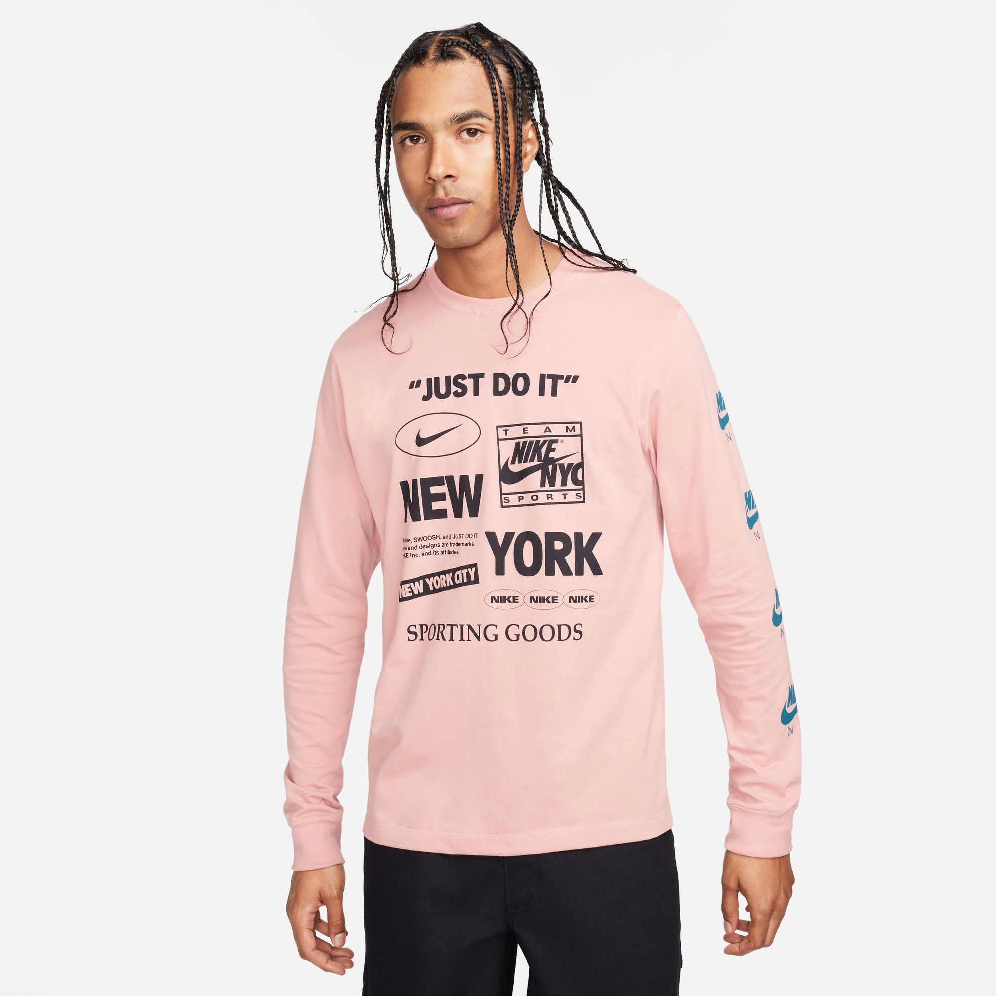 Nike Men s Sportswear Just Do It NYC Graphic Long Sleeve T Shirt in Pink Red Stardust Size XL 100 Cotton