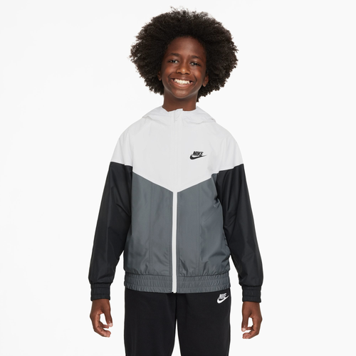 

Nike Boys Nike Windrunner Hooded Jacket - Boys' Grade School Black/White/Smoke Grey Size L