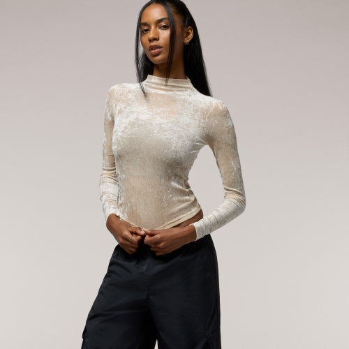 WOMENS - Cozi Ruched Mesh Top with Flocking - Parchment