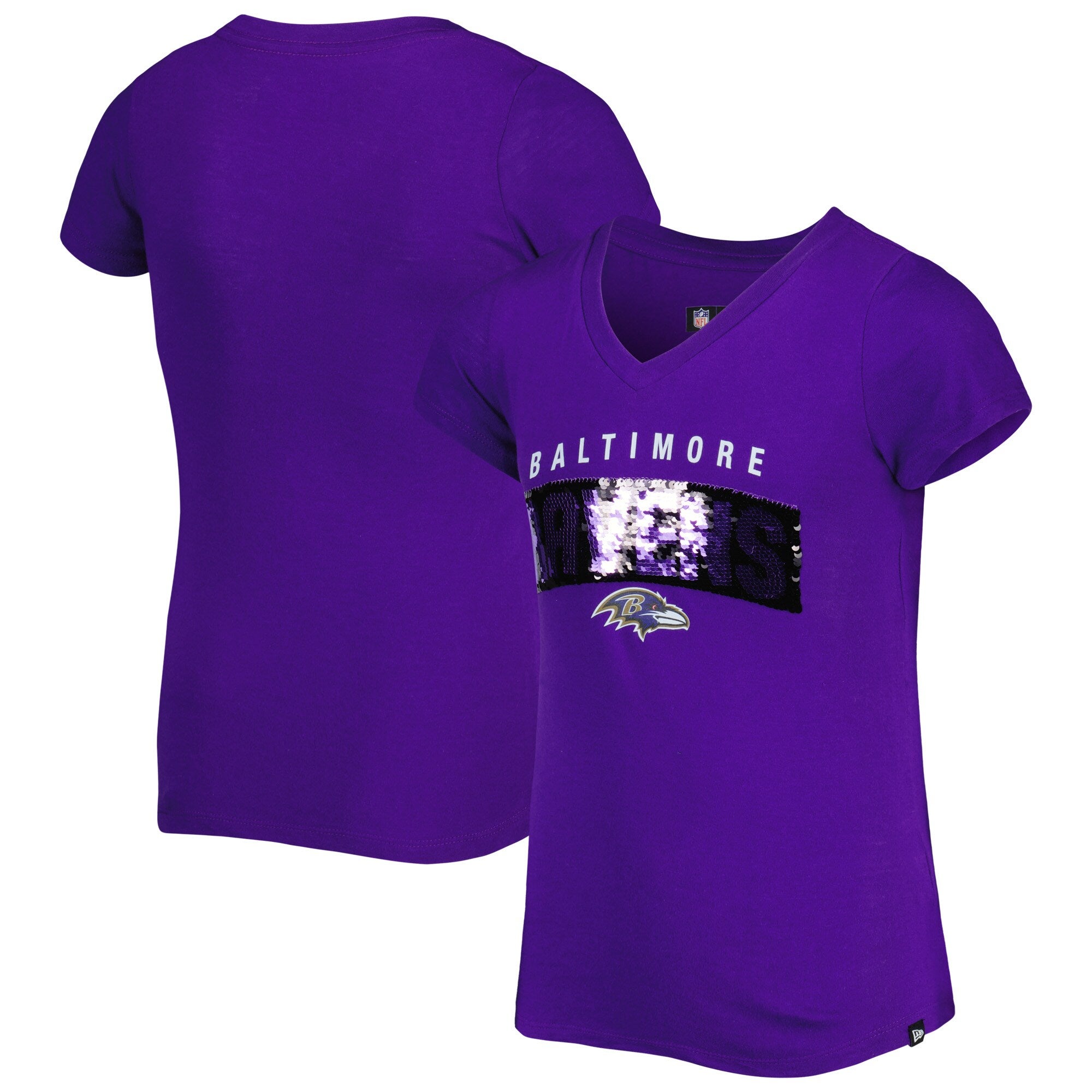 Baltimore Ravens New Era Girls Youth Reverse Sequin V-Neck T-Shirt - Black