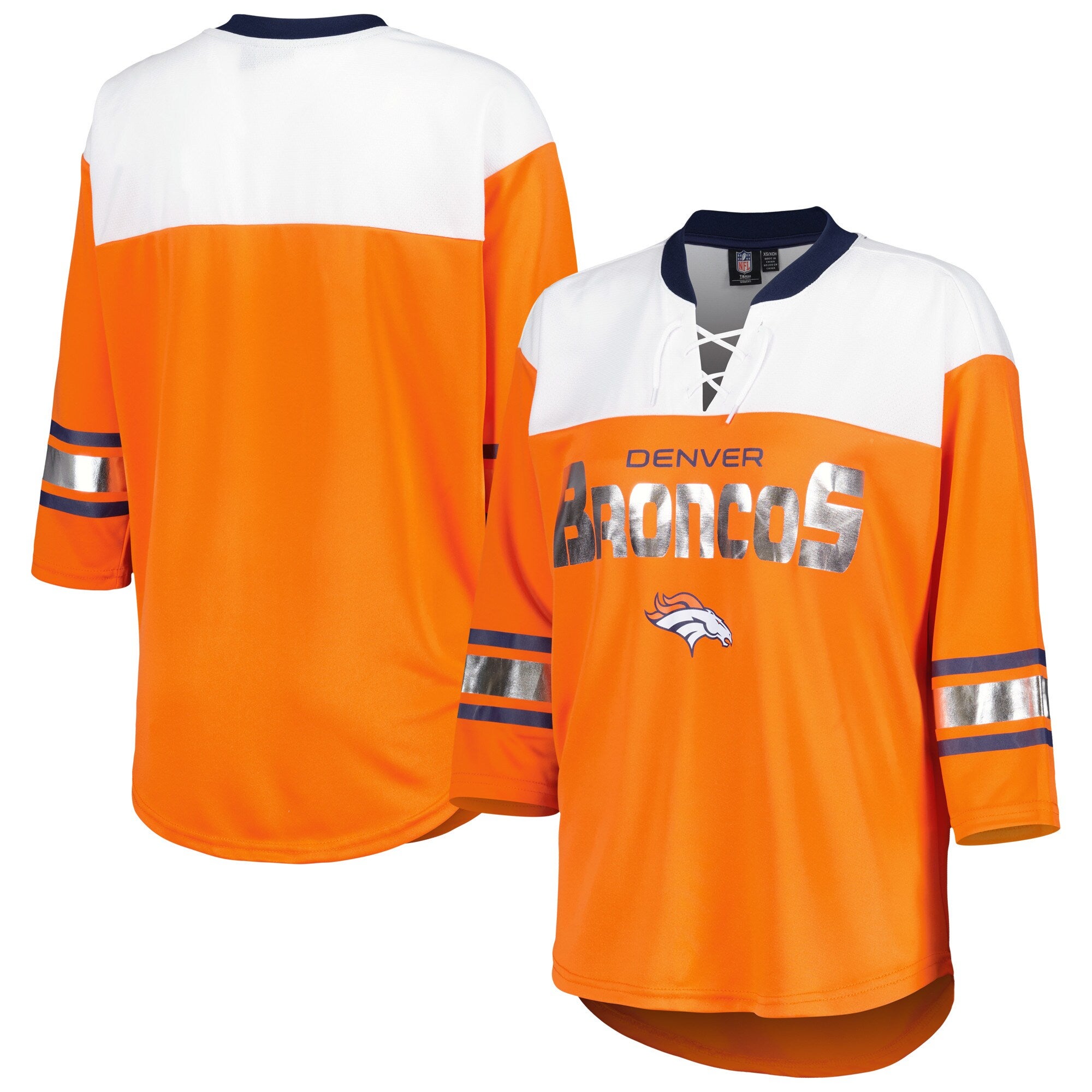 Ladies Denver Broncos Orange Pride Playing V Neck Short Sleeve Tee