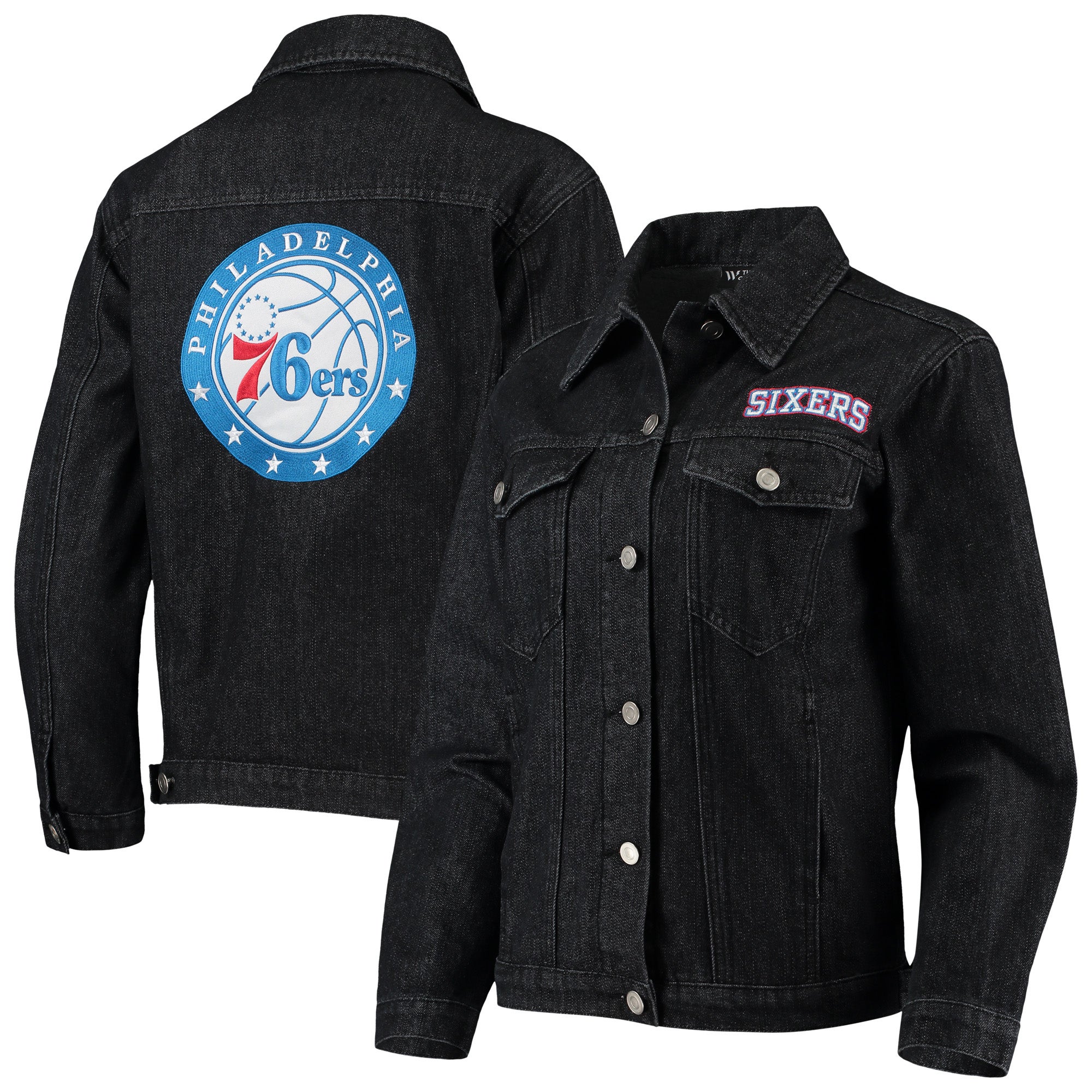 Women's The Wild Collective Black Philadelphia 76ers Patch Denim Button-Up Jacket Size: Small