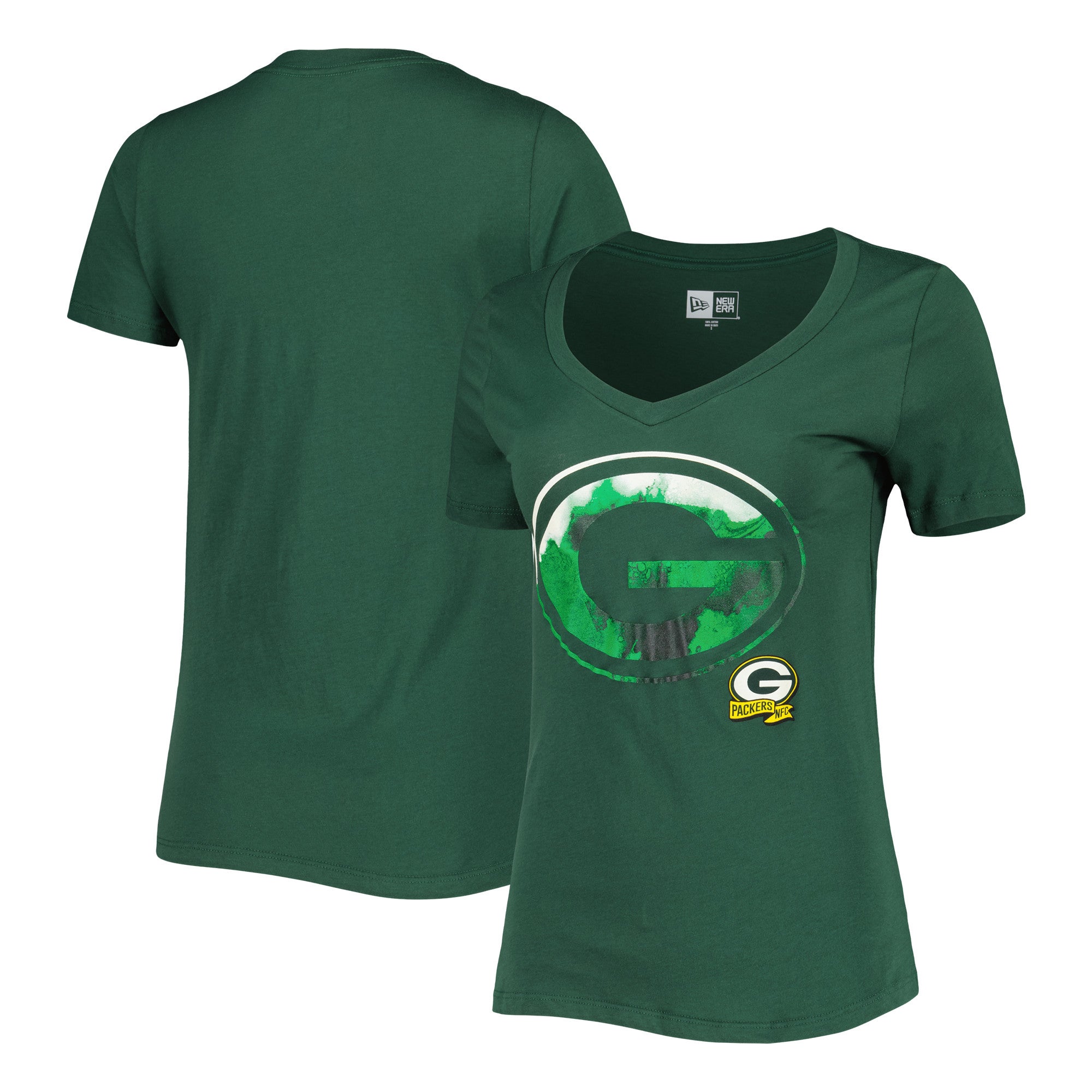 Women's Green Bay Packers New Era Green Dip Dye V-Neck T-Shirt