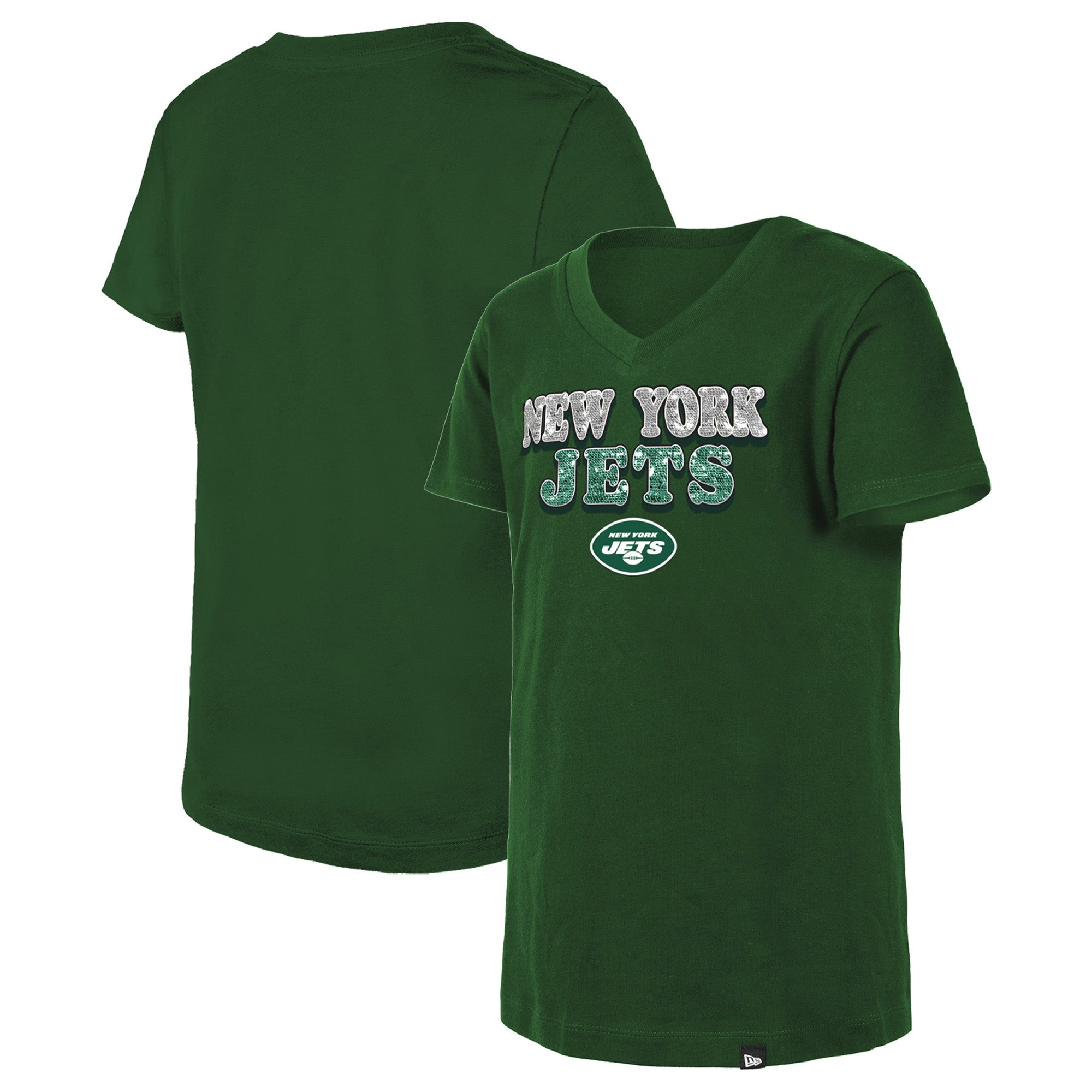 New Era Jets Reverse Sequin V-Neck T-Shirt