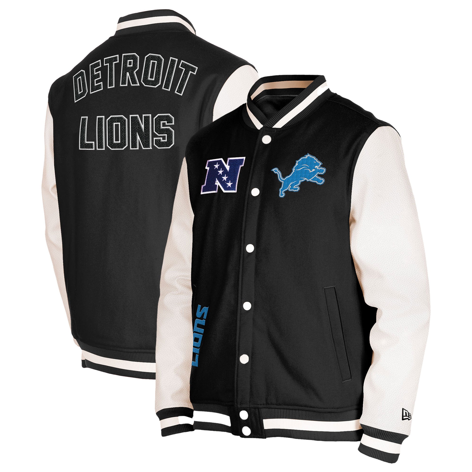 DETROIT LIONS TWO-TONE WOOL AND LEATHER JACKET - BLACK/WHITE