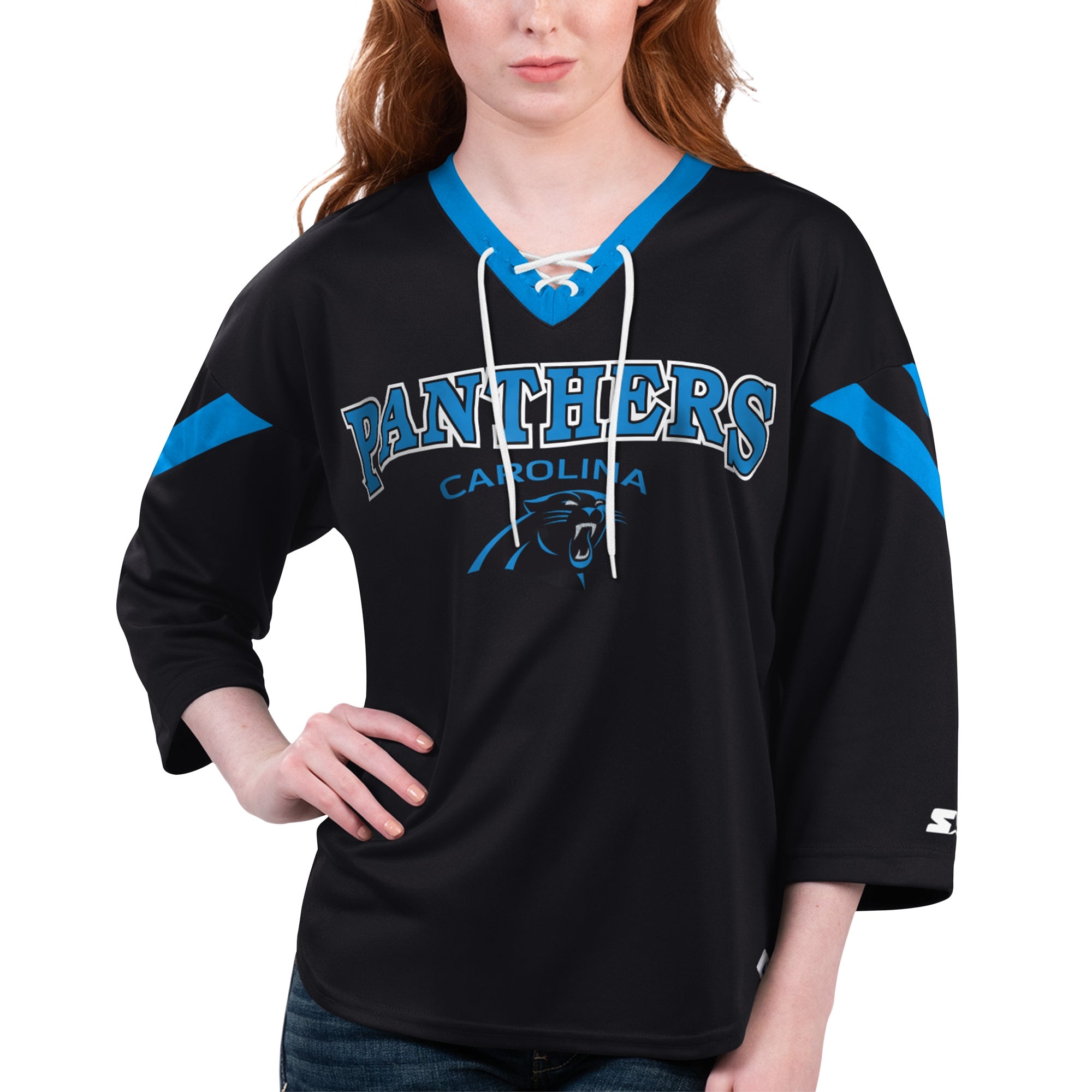 Carolina Panthers NFL Team Apparel Women's Lace-Up V-Neck Shirt