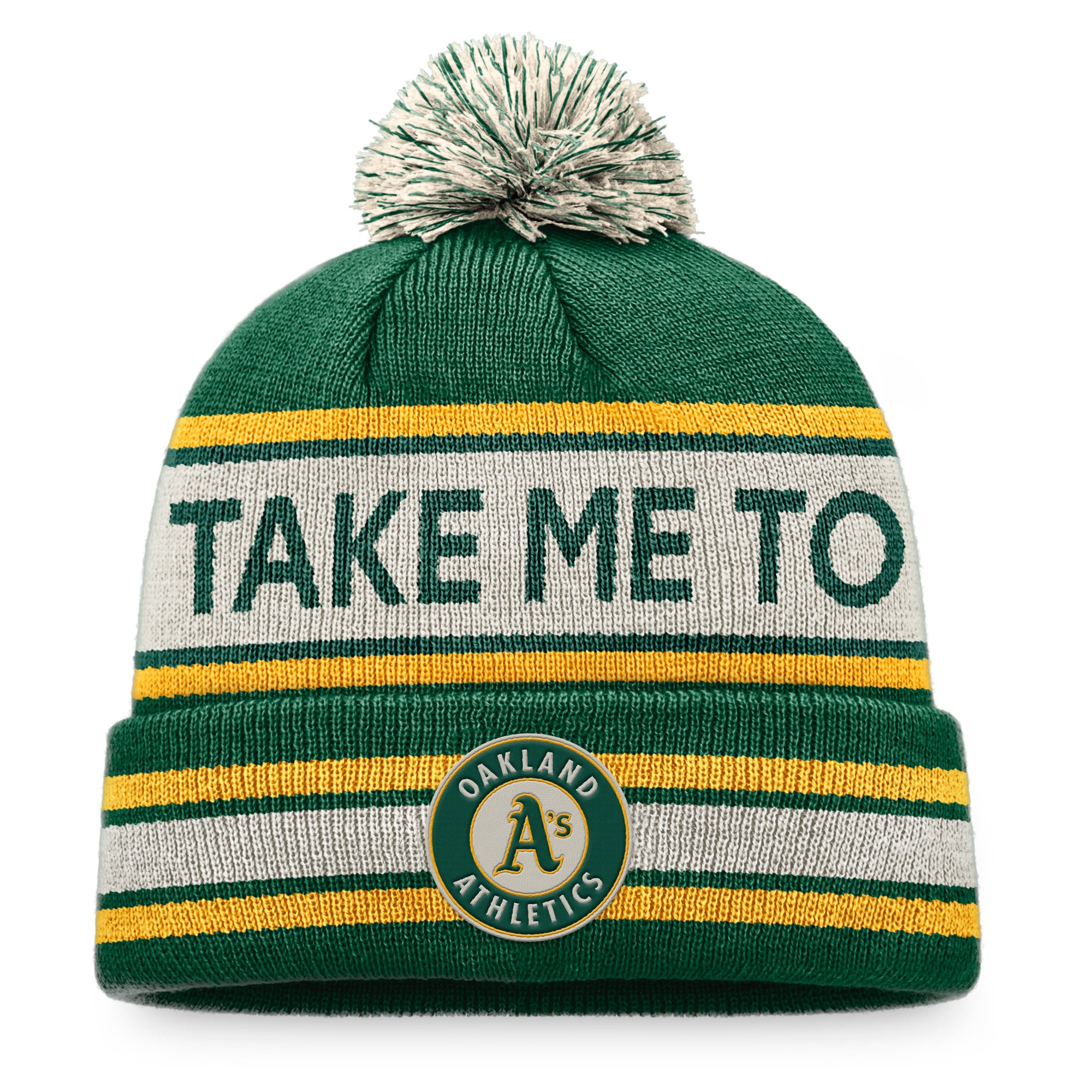 Men's Fanatics Branded Green/Natural Oakland Athletics Hometown Slogan Cuffed Knit Hat with Pom