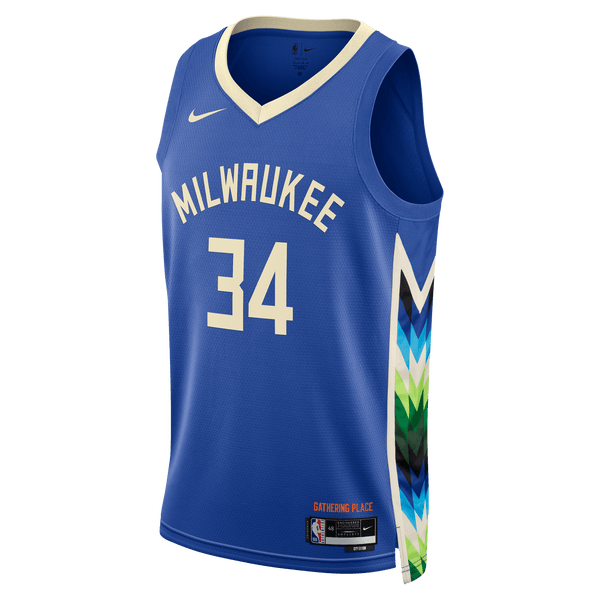 Nike NBA City Edition '22 Milwaukee Bucks Giannis Antetokounmpo Jersey Image 1 of 2. Tap to open photo gallery.
