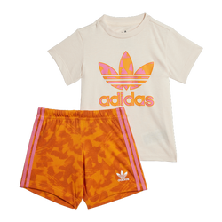 Infants Tracksuits - adidas 2-4 Year Old Summer All-Over Print Short Tee Set - Bright Orange-Pink Fusion