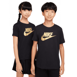 Grade School T-Shirts - Nike 8-15 Year Old Graphic Swoosh Tee - Black-Metallic Gold