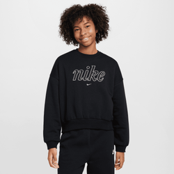 Grade School Track Tops - Nike Sportswear Club Fleece Girls' Boxy Crew-Neck Sweatshirt - Black-White