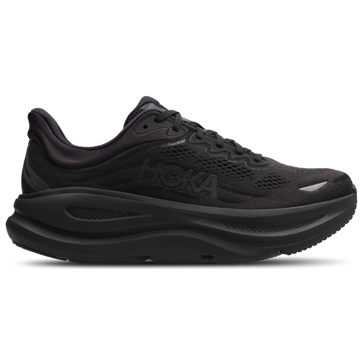 Baskets Hoka Bondi 9 noires, vue de profil, semelle épaisse et base large caractéristiques de la marque