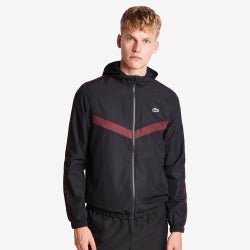 Men Track Tops - Lacoste Diamond Weave Hooded - Black-Red