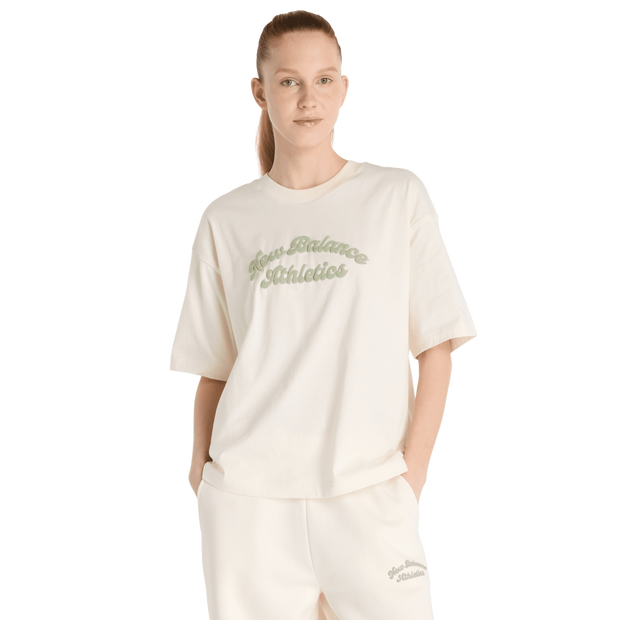 New Balance Linear Heritage Oversized T-shirt Donna - Magliette Beige - Taglia M - Jersey di cotone