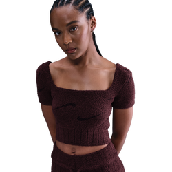 Women Sweatshirts - Nike Sportswear Phoenix Short-sleeve Knit Top - Burgundy Crush-Burgundy Ash