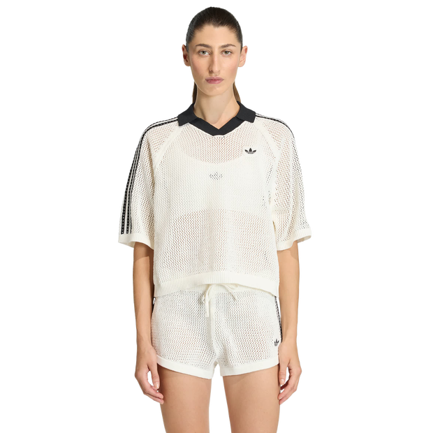 Adidas Knitted Crochet Polo Femme - Polos, Blanc - Taille 34 - Poly Mesh