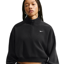 Women Track Tops - Nike Studio Fleece Plush 1/4-Zip Cropped Top - Black-Sail